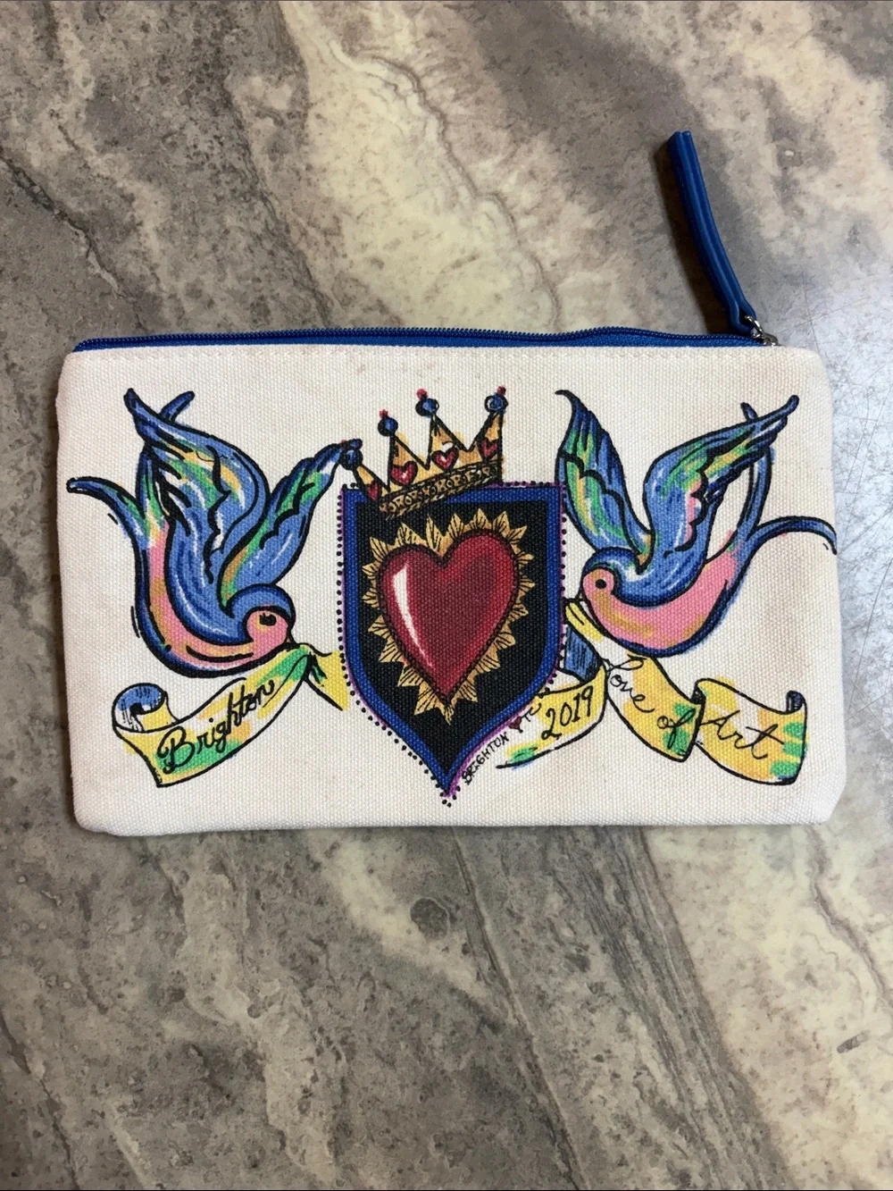 Brighton Cream Canvas Pouch with Blue Zip and Multicolor Heart & Birds